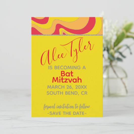 BM Bar Bat Mitzvah Zilverachtige golven Save The Date (Staand voorkant)