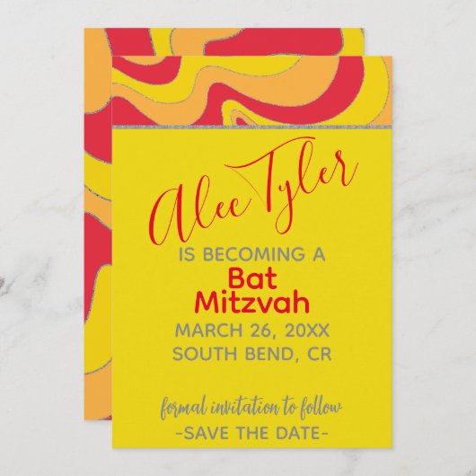 BM Bar Bat Mitzvah Zilverachtige golven Save The Date (Voorkant / Achterkant)