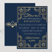 BM Bar of Bat Mitzvah Blauw in Gouden Art Deco Kaart (Voorkant / Achterkant)