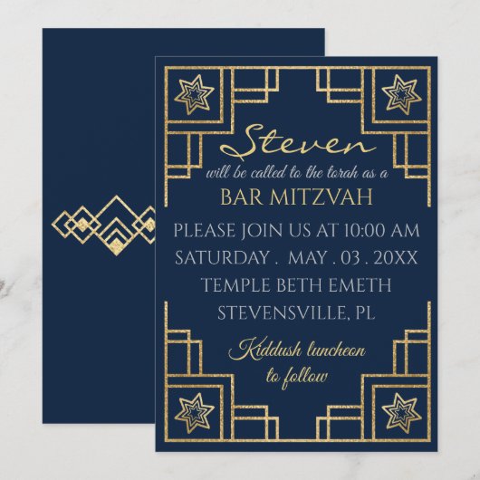 BM Bar of Bat Mitzvah Blauw in Gouden Art Deco Kaart (Voorkant / Achterkant)