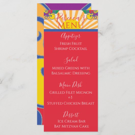 BM Bat Bar Mitzvah Elegant Sparkly Swirl Food Menu (Voorkant / Achterkant)