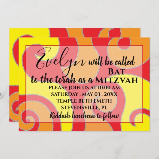 BM Bat N Bar Mitzvah Zilverachtige wervelingen Uit Kaart (Voorkant / Achterkant)