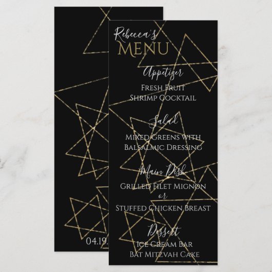 BM Bat of Bar Mitswa Gold Stars Menu (Voorkant / Achterkant)