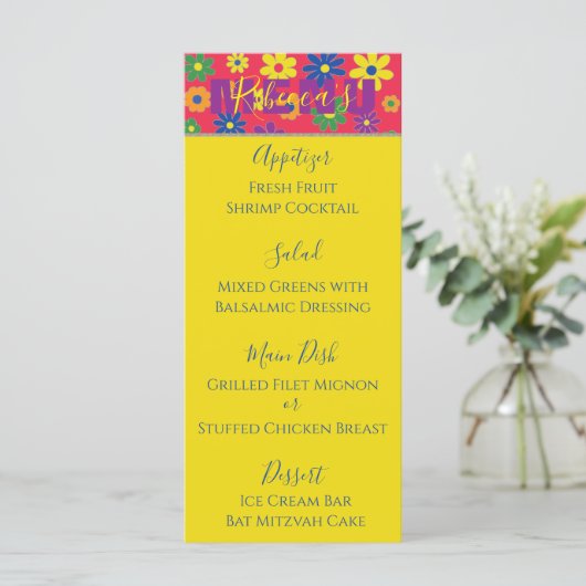 BM Bat of Bar Mitzvah Elegant Bloemen Voedsel Menu (Staand voorkant)