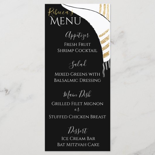 BM Bat of Bar Mitzvah Zwart/Goud Voedsel Menu (Voorkant)