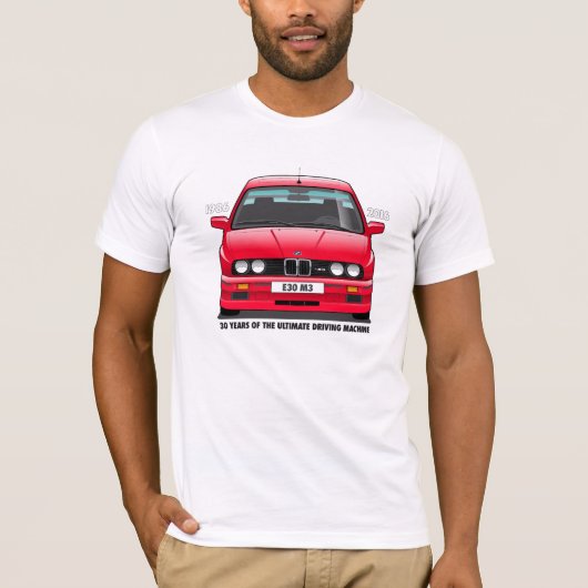 BMW E30 M3 30e Jubileum (rood) zwart type T-shirt (Voorkant)