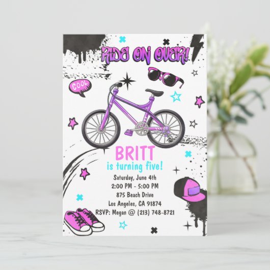 BMX-fiets paarse uitnodiging (Staand voorkant)