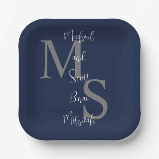 B'nai Mitzvah Blauw Wit Bourgogne Naam Monogram Papieren Bordje (Voorkant)