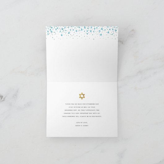 B'nai Mitzvah Gold Script op Turquoise Waterverf Bedankkaart (Binnen)