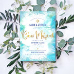 B'nai Mitzvah Gold Script Turquoise Waterverf Kaart<br><div class="desc">Wees trots, blij en toon deze mijlpaal van je favoriete B'nai Mitzvahs! Verstuur deze verbluffende, moderne, persoonlijke uitnodiging voor een evenement om het te onthouden. Sparkly gold faux folie kalligrafie script en Star of David, samen met blauwe confetti stippen, bedekken een turquoise waterverf achtergrond. Pas de douanetekst met de namen...</div>