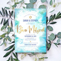 B'nai Mitzvah Gold Script Turquoise Waterverf
