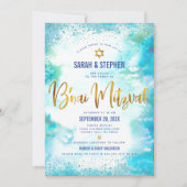 B'nai Mitzvah Gold Script Turquoise Waterverf Kaart (Voorkant)