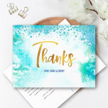 B'nai Mitzvah Gold Turquoise Waterverf Hartelijk d Briefkaart<br><div class="desc">Zorg ervoor uw favoriete show van B'nai Mitzvahs hun appreciatie aan allen die hun mijlpaal gebeurtenis steunden! Verstuur deze verbluffende, moderne, persoonlijke dankjewel briefkaart. Sparkly gold faux folie kalligrafie script en blue confetti stippen bedekken een turquoise blue waterverf background. Op de voorkant, personaliseer met uw B'nai Mitzvahs' namen. Voeg een...</div>