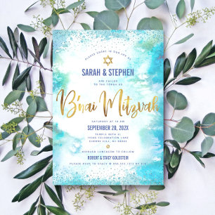 B'nai Mitzvah Goud Schrift Turquoise Waterverf Kaart