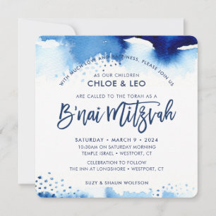 B'NAI MITZVAH INVITE met de hand geletterde blauwe Kaart
