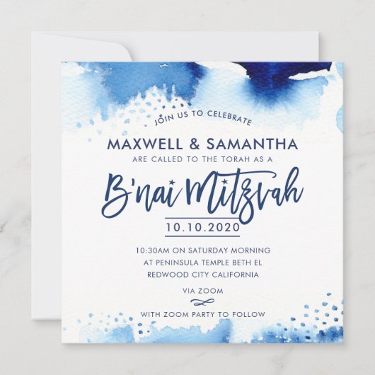 B'NAI MITZVAH INVITE met de hand geletterde blauwe Kaart (Voorkant)