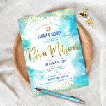 B'nai Mitzvah Modern Gold Turquoise Waterverf Kaart<br><div class="desc">Wees trots, blij en toon deze mijlpaal van je favoriete B'nai Mitzvahs! Verstuur deze verbluffende, moderne, persoonlijke uitnodiging voor een evenement om het te onthouden. Sparkly gold faux folie kalligrafieken, Ster van David, en glitter confetti stippen bedekken een turkooise waterverf achtergrond. Pas de douanetekst met de namen van uw kinderen,...</div>