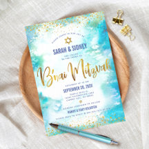 B'nai Mitzvah Modern Gold Turquoise Waterverf