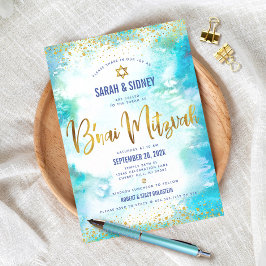 B'nai Mitzvah Modern Gold Turquoise Waterverf Kaart