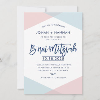 B'NAI MITZVAH modern minimal script blue pink Kaart