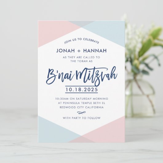 B'NAI MITZVAH modern minimal script blue pink Kaart (Staand voorkant)