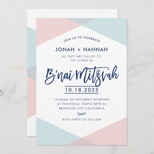 B'NAI MITZVAH modern minimal script blue pink Kaart (Voorkant / Achterkant)