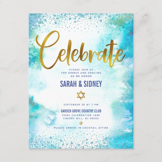 B'nai Mitzvah moderne goudturkooise waterverf Informatiekaartje (Voorkant)