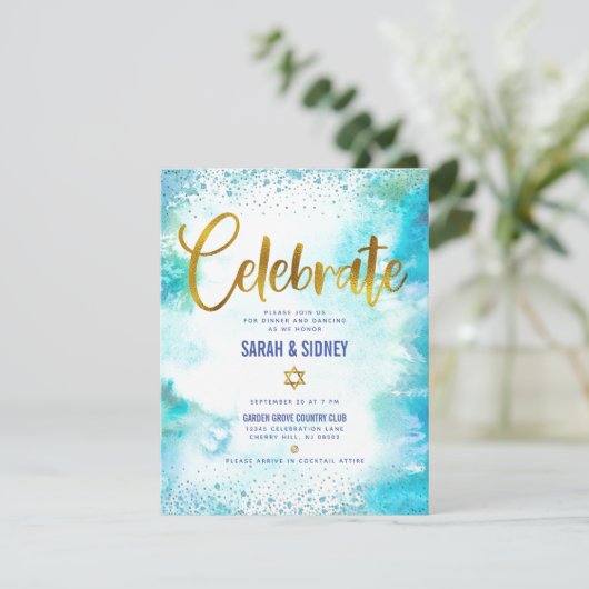 B'nai Mitzvah moderne goudturkooise waterverf Informatiekaartje (Staand voorkant)