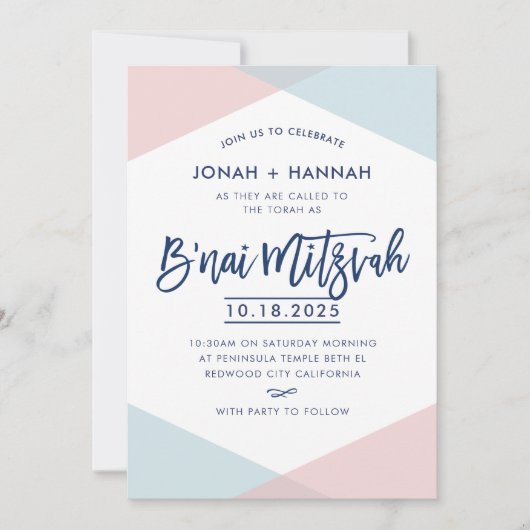 B'NAI MITZVAH moderne minimale script blauwe roze Kaart (Voorkant)