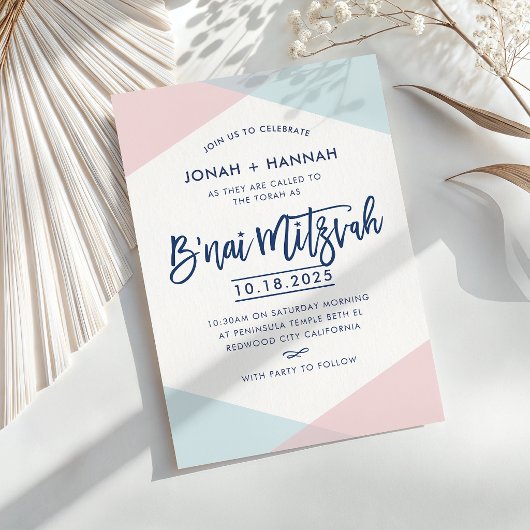 B'NAI MITZVAH moderne minimale script blauwe roze Kaart