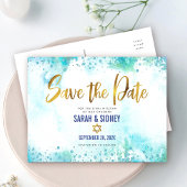 B'nai Mitzvah Save Date Gold Turquoise Waterverf Uitnodiging Briefkaart