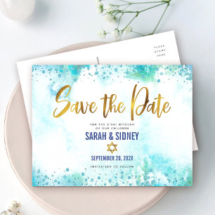 B'nai Mitzvah Save Date Gold Turquoise Waterverf Uitnodiging Briefkaart