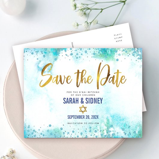 B'nai Mitzvah Save Date Gold Turquoise Waterverf Uitnodiging Briefkaart