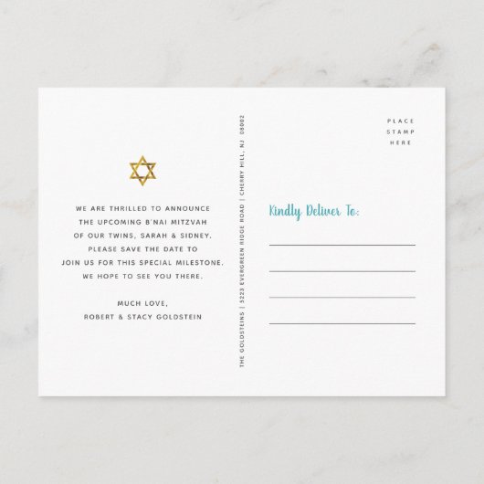 B'nai Mitzvah Save Date Gold Turquoise Waterverf Uitnodiging Briefkaart (Achterkant)