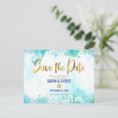 B'nai Mitzvah Save Date Gold Turquoise Waterverf Uitnodiging Briefkaart (Staand voorkant)