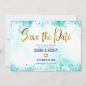 B'nai Mitzvah Turquoise Waterverf Gold Script Save The Date (Voorkant)