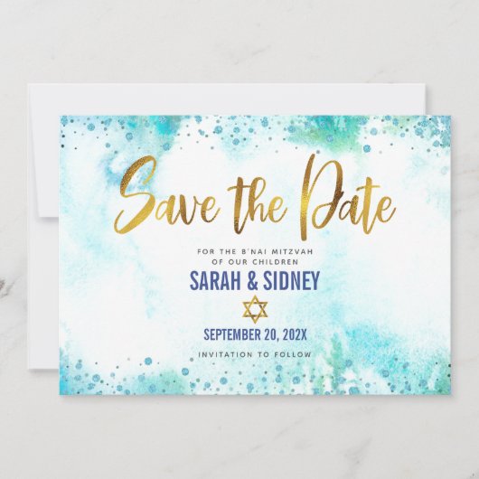 B'nai Mitzvah Turquoise Waterverf Gold Script Save The Date (Voorkant)