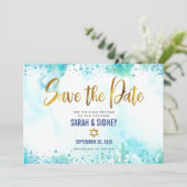 B'nai Mitzvah Turquoise Waterverf Gold Script Save The Date (Staand voorkant)