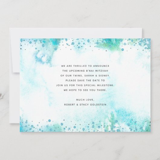 B'nai Mitzvah Turquoise Waterverf Gold Script Save The Date (Achterkant)