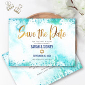 B'nai Mitzvah Turquoise Waterverf Gold Script Save The Date