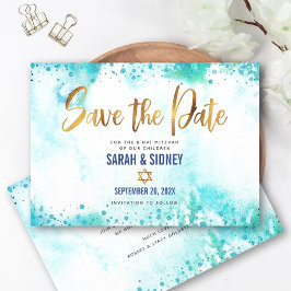 B'nai Mitzvah Turquoise Waterverf Gold Script Save The Date