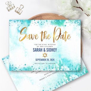 B'nai Mitzvah Turquoise Waterverf Gold Script Save The Date