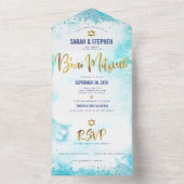 B'nai Mitzvah turquoise waterverf gouden script All In One Uitnodiging (Binnen)
