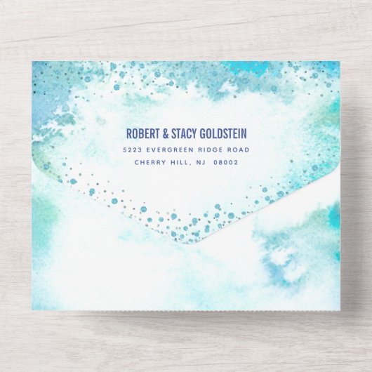 B'nai Mitzvah turquoise waterverf gouden script All In One Uitnodiging (Achterkant)