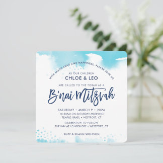 B'NAI MITZVAH-UITNODIGING handlettering aqua water Kaart