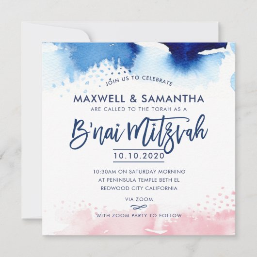 B'NAI MITZVAH waterverf met letters blauw en roze Kaart (Voorkant)