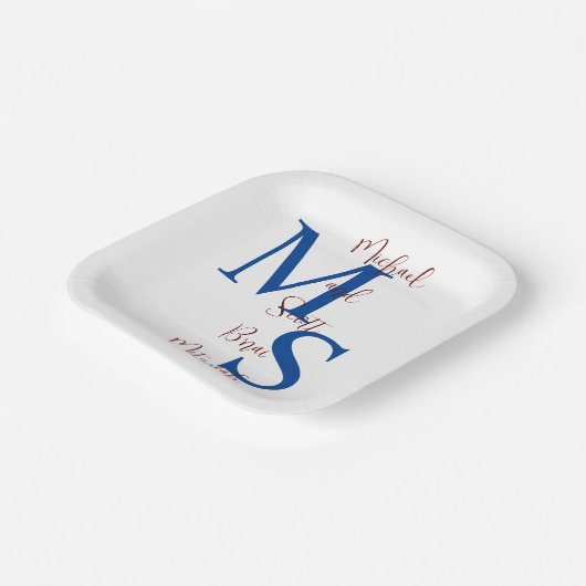 B'nai Mitzvah Wit Blauw Bourgogne Naam Monogram Papieren Bordje (Gebogen)