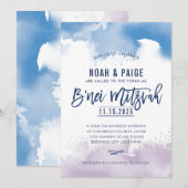 B'NEI MITZVAH handgeschreven blauw & paarse waterv Kaart (Voorkant / Achterkant)