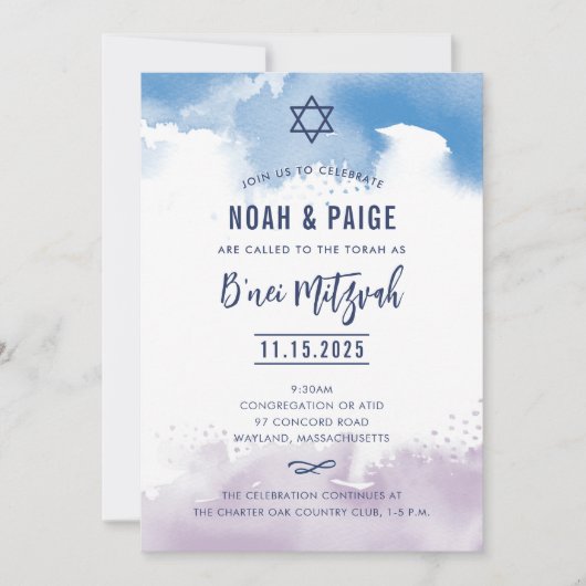 B'NEI MITZVAH script blauw & paarse waterverf 2 Kaart (Voorkant)