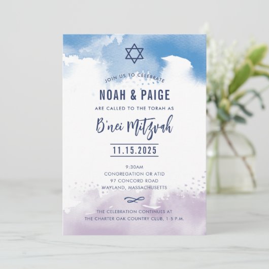 B'NEI MITZVAH script blauw & paarse waterverf 2 Kaart (Staand voorkant)